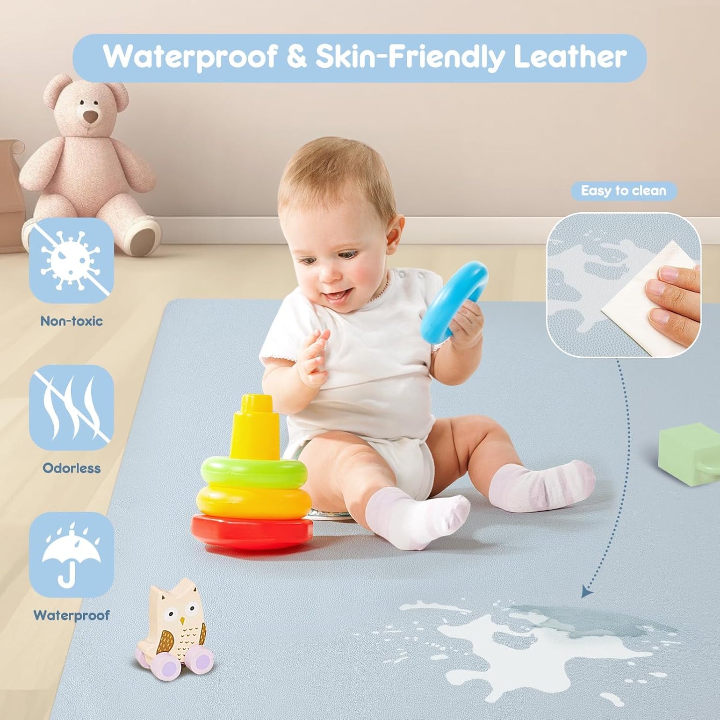 Stylish Padded Baby Play Mat for Your Boy or Girl - Extra Thick & Super Soft Vegan Leather Floor Mat Creates A Safe Play Area for Little Ones - Blue