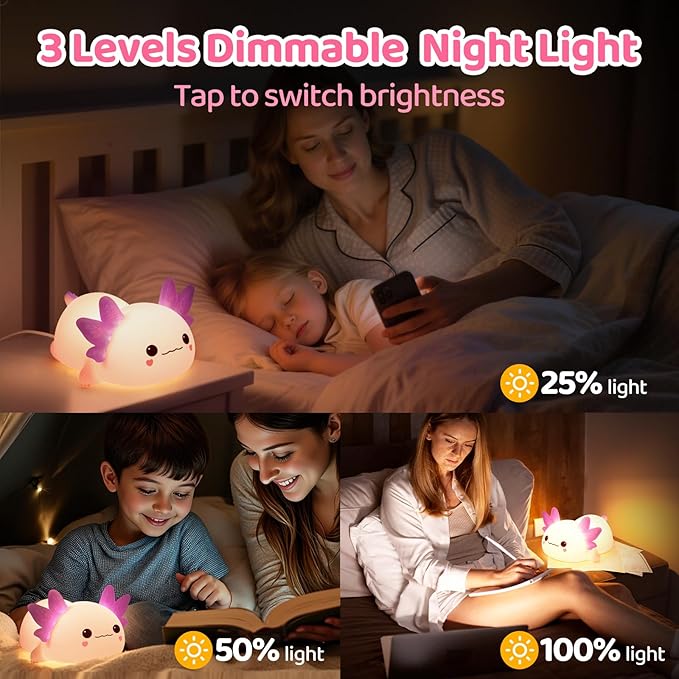 Huggwaii Squishy Axolotl Night Light for Kids, 4 Soothing White Noise Sounds, Dimmable Silicone Axolotl Lamp Toddler Light, Upgraded Rechargeable Animal Nightlight ,Baby Gifts & Girls Room Decor