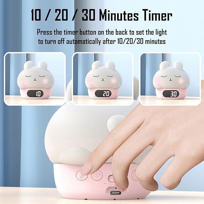 Cute Bunny RGB Rechargeable Night Light, Soft Silicone Lampshade, Adjustable Brightness LED Clock, Date, Alarm, Thermometer, Timer, Tap Control, Bedroom Lamp, Gift for Girl and Kid (Pink Bunny)