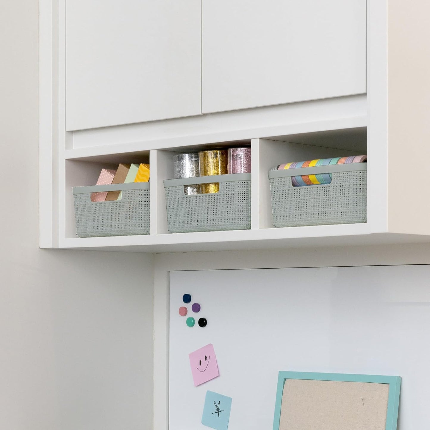 Curver Jute Decorative Plastic Organization and Storage Basket Perfect Bins for Home Office, Closet Shelves, Kitchen Pantry and All Bedroom Essentials, Small, Grey, Set of 8