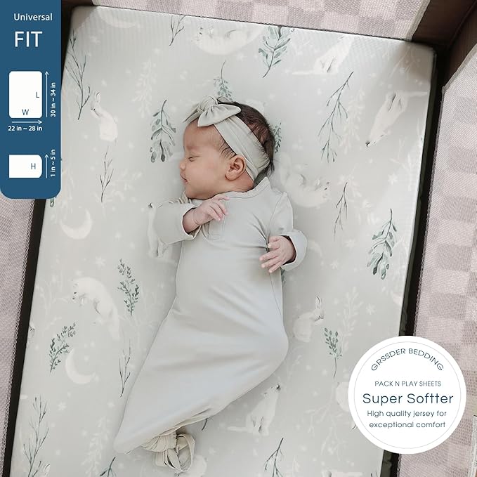 Stretchy Ultra Soft Jersey Knit Fitted Pack n Play Sheets 3 Pack, Portable/Mini Crib Sheets for Boys and Girls, Universal Fit for Pack N Plays Safe and Snug, Stylish Pattern of Bear and Wolf Print