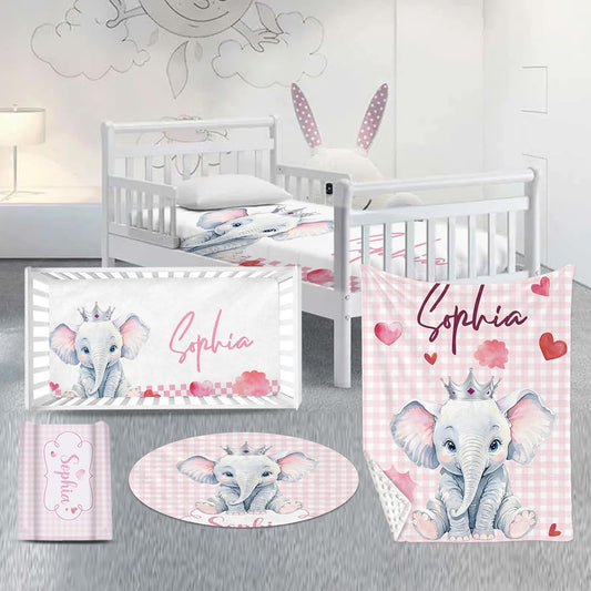 Custom Nursery Crib Bedding Set: Personalized Name 4 Piece Pink Checkered Elephant Pattern Baby Crib Sets for Girls - Toddler Double Layer Blanket Set, Comfortable Crib Bed Sheets for Baby Toddlers