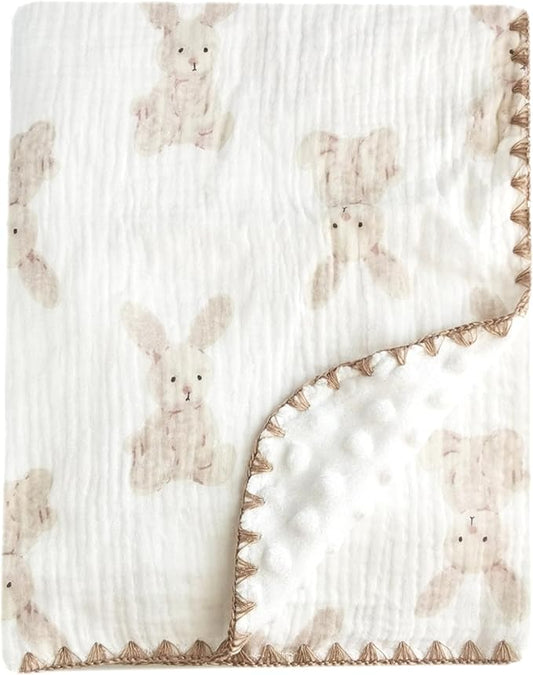 Baby Soft Muslin Thick Blanket Cotton and Dotted Backing Double Layer Receiving Blanket 40"x40" Bunny