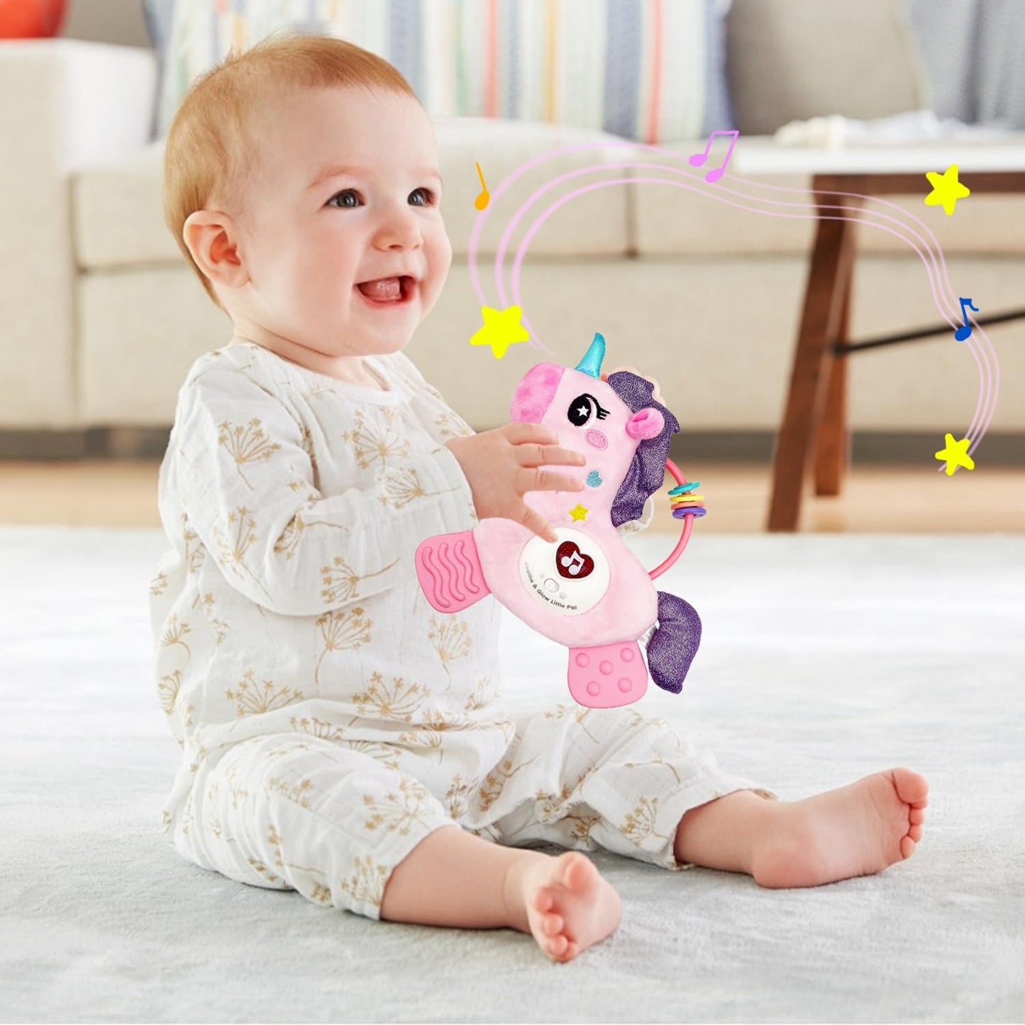 Baby Musical Activity Soft Toys with Sound & Light, Sensory Toys for Infant Developmental with Teether, Rattle and Textures, Soft Plush Toy for Newborn Gift 6 to 12 Months (Pink Unicorn)