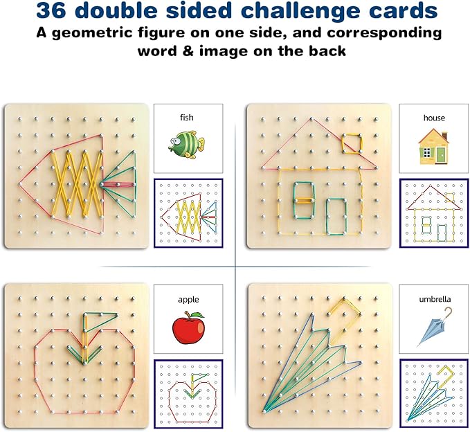 Thoth Montessori Wooden Geoboard Mathematical Manipulative Material Array Block Geo board with 36Pcs Pattern Cards and Rubber Bands Matrix 8x8 for Kids Graphical Educational Toys Early Development Toy