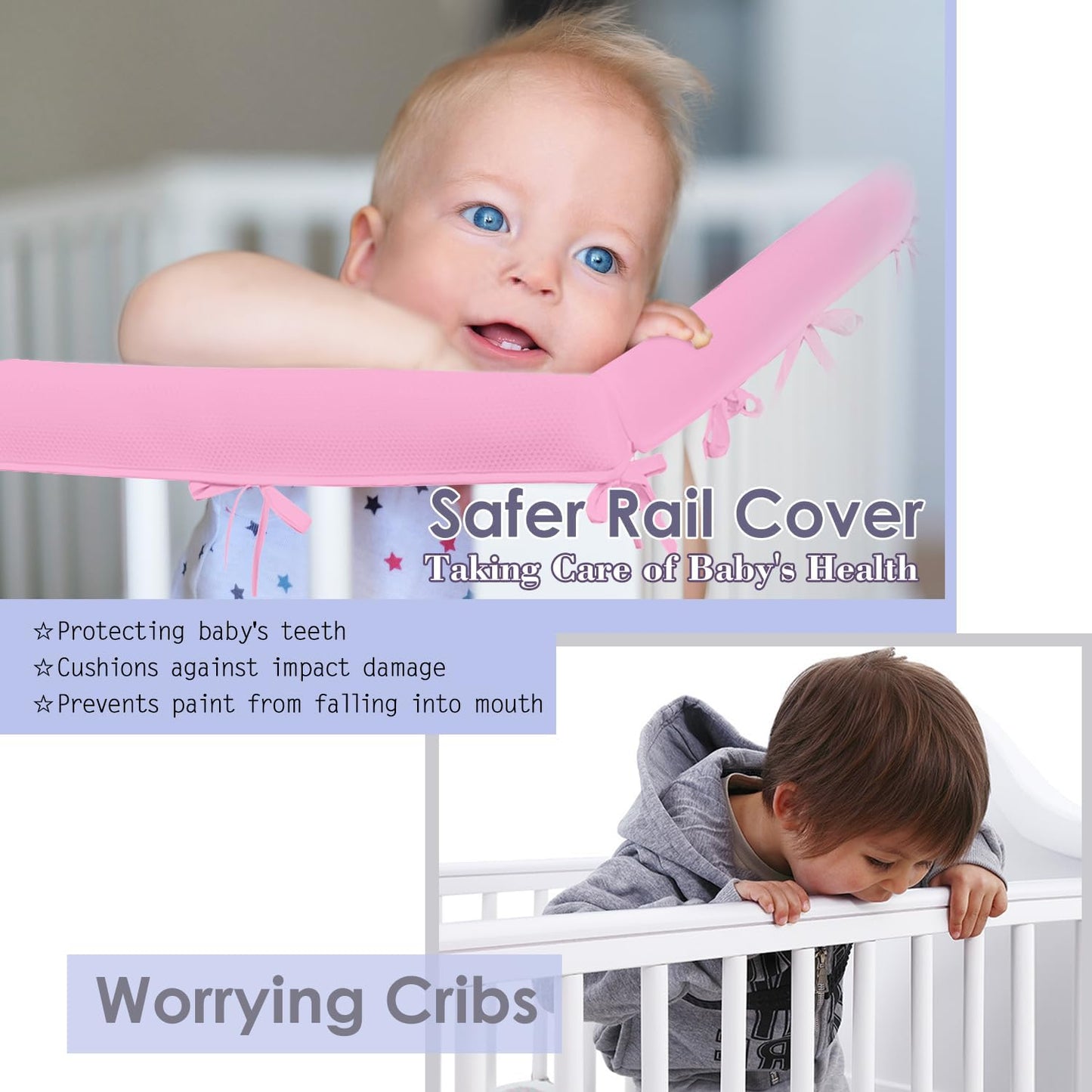 3 in 1 Crib Rail Covers for Life Size Cribs,White Soft Anti-Collision Strip Corner Covers,Protect Baby Teeth and Save Crib Rails, Rail Edge Protector Strip (white01) (Pink)
