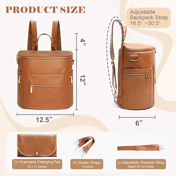 miss fong Diaper Bag Backpack Baby Diaper Bag, Large Leather Diaper Backpack with 16 Pockets Travel Diaper Bag with Diaper Changing Pad, Stroller Straps & 2 Insulated Pockets (Regular, Cognac)