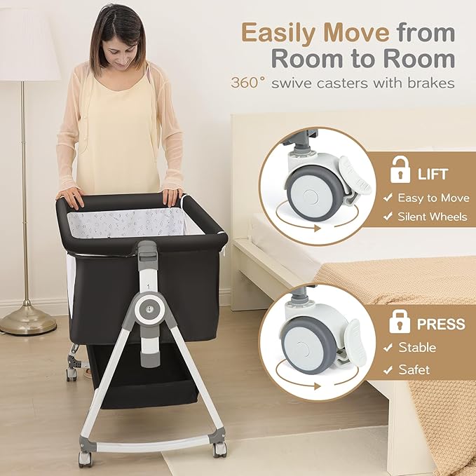 Baby Bassinet, Bedside Bassinet for Baby, 4 in 1 Bassinet Bedside Sleeper with Locked Wheels, Mosquito Net, Adjustable Easy Folding Portable Crib for Infant Newborn, Dark Grey