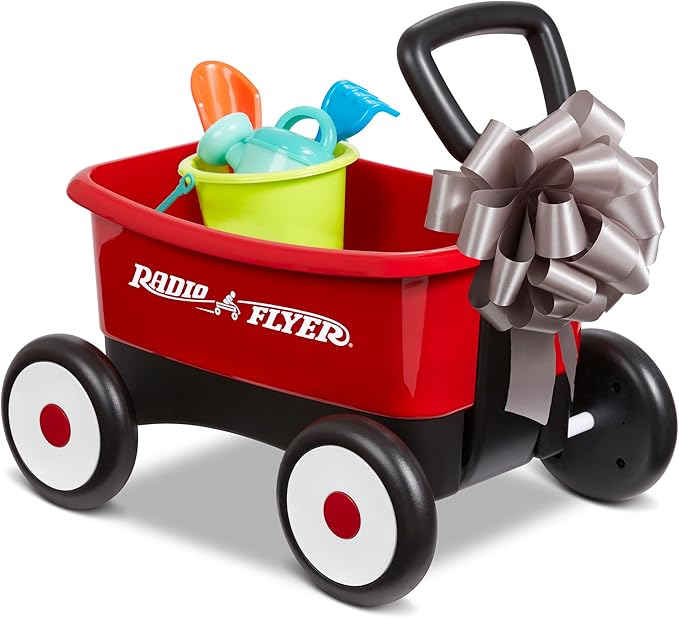 Baby Walker Wagon, Baby Toy Cart, Wagon for Kids, Toddler Toys, Radio Flyer Push & Pull Walker with Garden Tools, Red, for Ages 1-4 Years