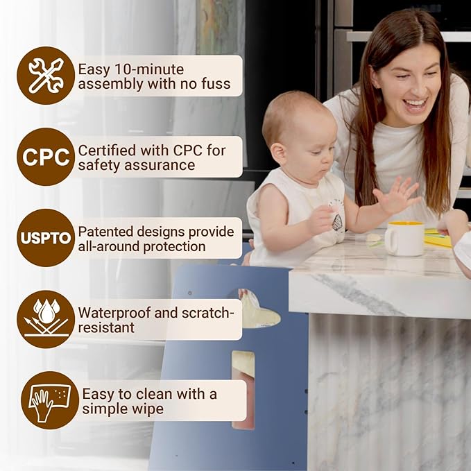 COSYLAND Toddler Standing Tower Adjustable Height - Super Stable Kids Kitchen Stool Helper - 3 Levels Adjustable Wooden Toddler Kitchen Stool (Natural & Navy Blue)