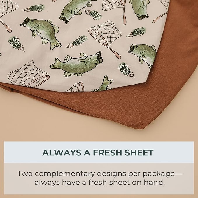 Pobibaby – 2 Pack Bassinet Sheets Boy, Bassinet Sheets Cotton for Neutral Nursery for Standard Rectangle Bassinets – Ultra-Soft Jersey Knit, Safe and Snug for Baby (Gone Fishing)