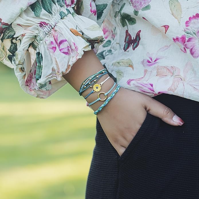 FANCY SHINY Sunflower String Bracelet Boho Braided Rope Wrap Bracelets Cute Summer Beach Surfer Jewelry for Women Christmas Gifts