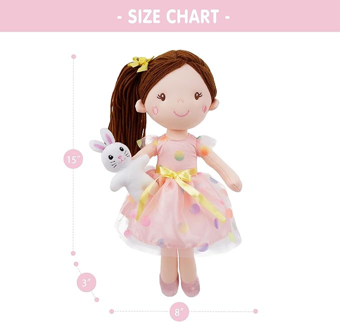 June Garden 15" Playmate Buddies Molly - Soft Plush Doll with Her Stuffed Animal Companion Bunny - Polka Dot Dress for Kids 1 Year and Up