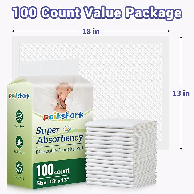 100 Pack Disposable Diaper Changing Pads for Baby Leakproof & Super Absorbency Disposable Underpads Large Toddler Pads Absorbent Fluff Protective Table Pads, Pee Pads for Babies, Kids 18" x 13"