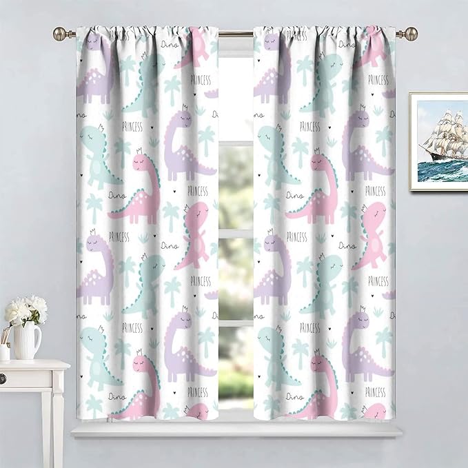 Kids Dinosaur Curtains for Boys Girls Bedroom Decor Cartoon Dino Colorful Cute Funny Animal Wildlife Printed Blackout Rod Pocket Window Drapes for Baby Nursery Playroom W21xL45in 2 Panels