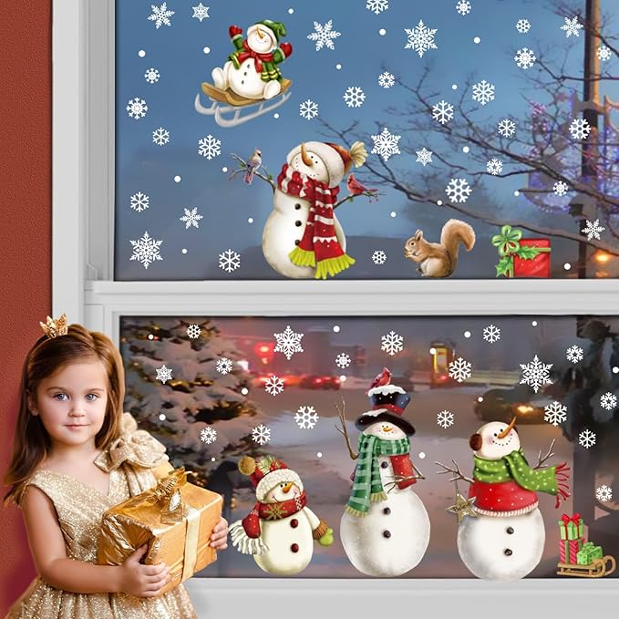 Christmas Window Clings，Snowflake Stickers，Snowman Decals，Stickers for Windows Glass，Winter Window Cling，Christmas Decorations Holiday