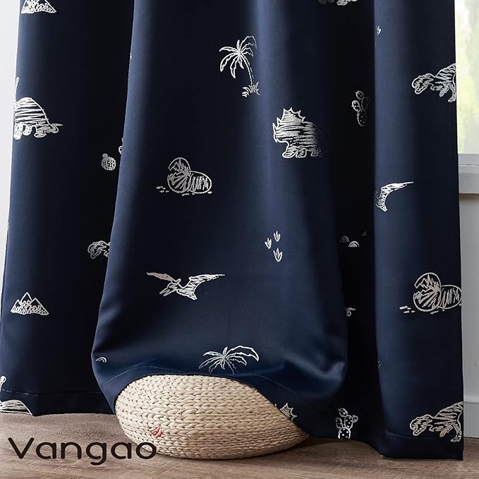 Vangao Kids Curtains Navy Blue Blackout Dinosaur Curtains for Boys Kids Nursery Girls Room Silver Dino Foil Print Thermal Insulated Drapes Grommet Top Window Treatments 84 Inches Length 2 Panels