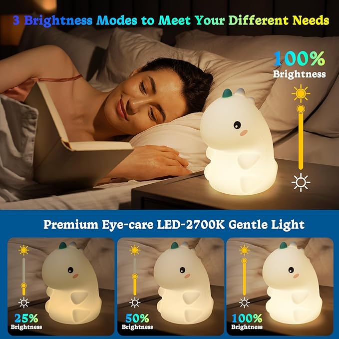Dinosaur Night Light for Kids, Silicone Nursery LED Night Lamp with 30-Min Timer & 3 Levels Dimmable & Touch Sensor, Rechargeable Bedroom Nightlight for Mom's Night Helper