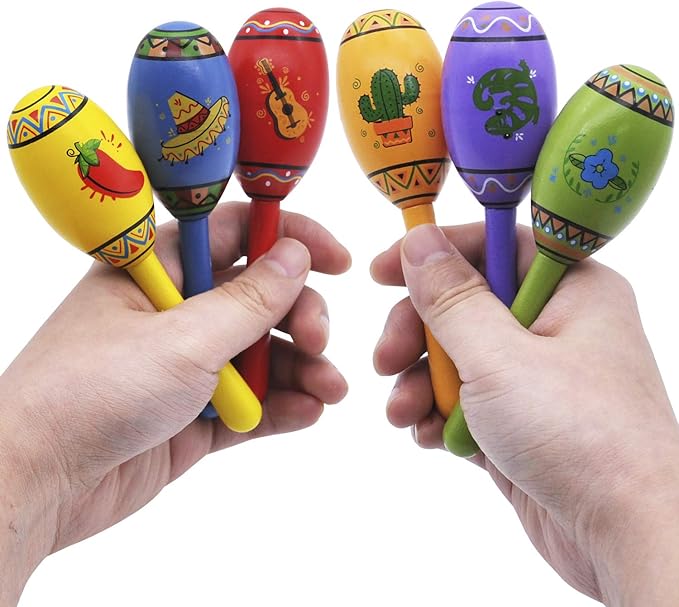 JOYIN 12 Mini Wooden Fiesta Maracas 6 Designs Noisemaker for Mexican Fiesta, Cinco De Mayo Party Favors, Musical Fun, Birthday Parties, Luau Party, Carnivals, Taco Tuesday Event