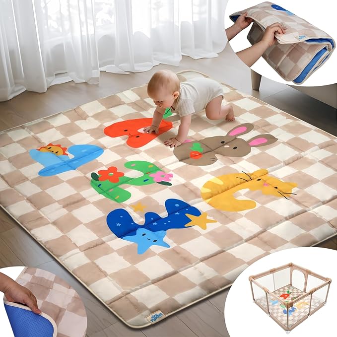 Baby Play Mat, Foldable Play Mats for Floor, 50x50 Inches Crawling Mat for Playpen with Anti-Slip Bottom, Machine Washable, Thicken Padding Foam Playmats for Babies and Toddlers (Sand Checks)