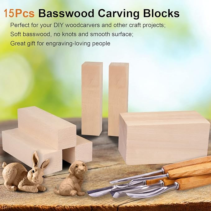 15Pcs Basswood Carving Blocks, Whittling Blocks for Craft, Carving Wood for Beginner to Expert