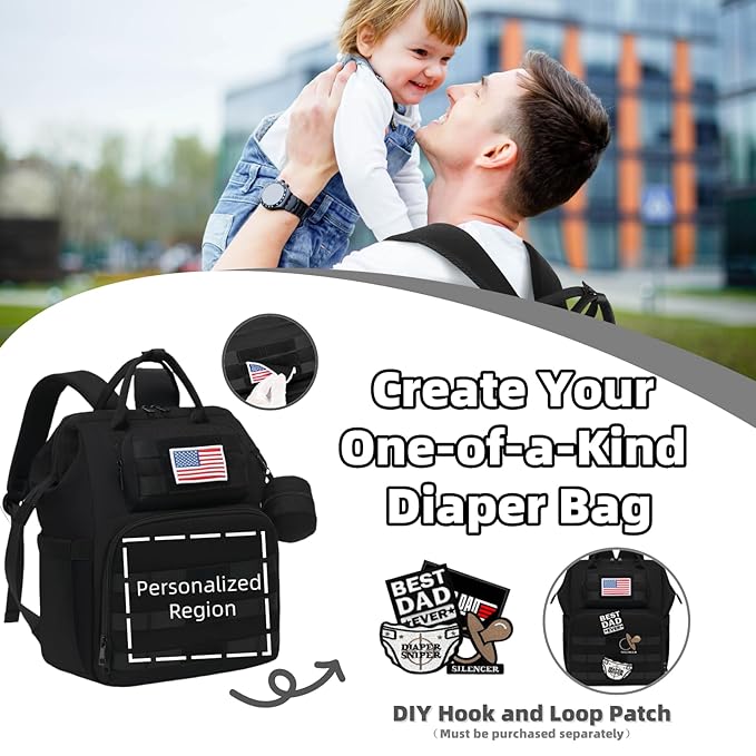 Diaper Bag Backpack for Dad and Men, Large Travel Baby Bag with Changing Pad, Pacifier Case, Removable Flag Patch - Baby Shower Gifts - Shadow Black