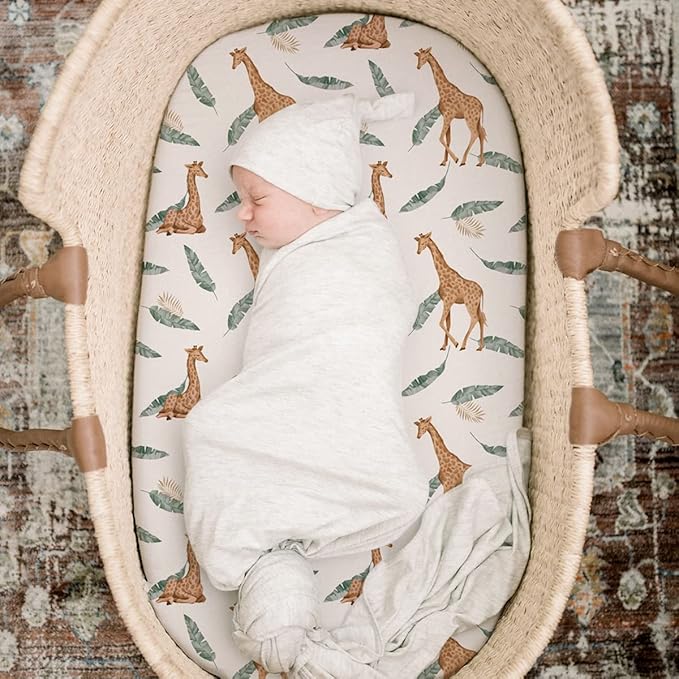 Stretch Fitted Bassinet Sheet Set BROLEX 2 Pack Cradle Sheets for Bassinet Pad/Mattress,Unisex Boys Girls,Ultra Soft,Giraffe Leaf