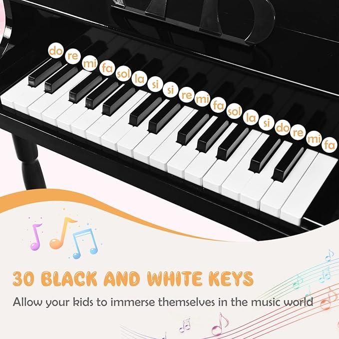 Goplus 30-Key Classical Kids Piano, Mini Grand Piano Wooden Learn-to-Play Musical Instrument Toy with Bench, Piano Lid, Music Rack, Gift for Boys Girls Aged 2+ Baby Toddler (4 Straight Leg-Black)