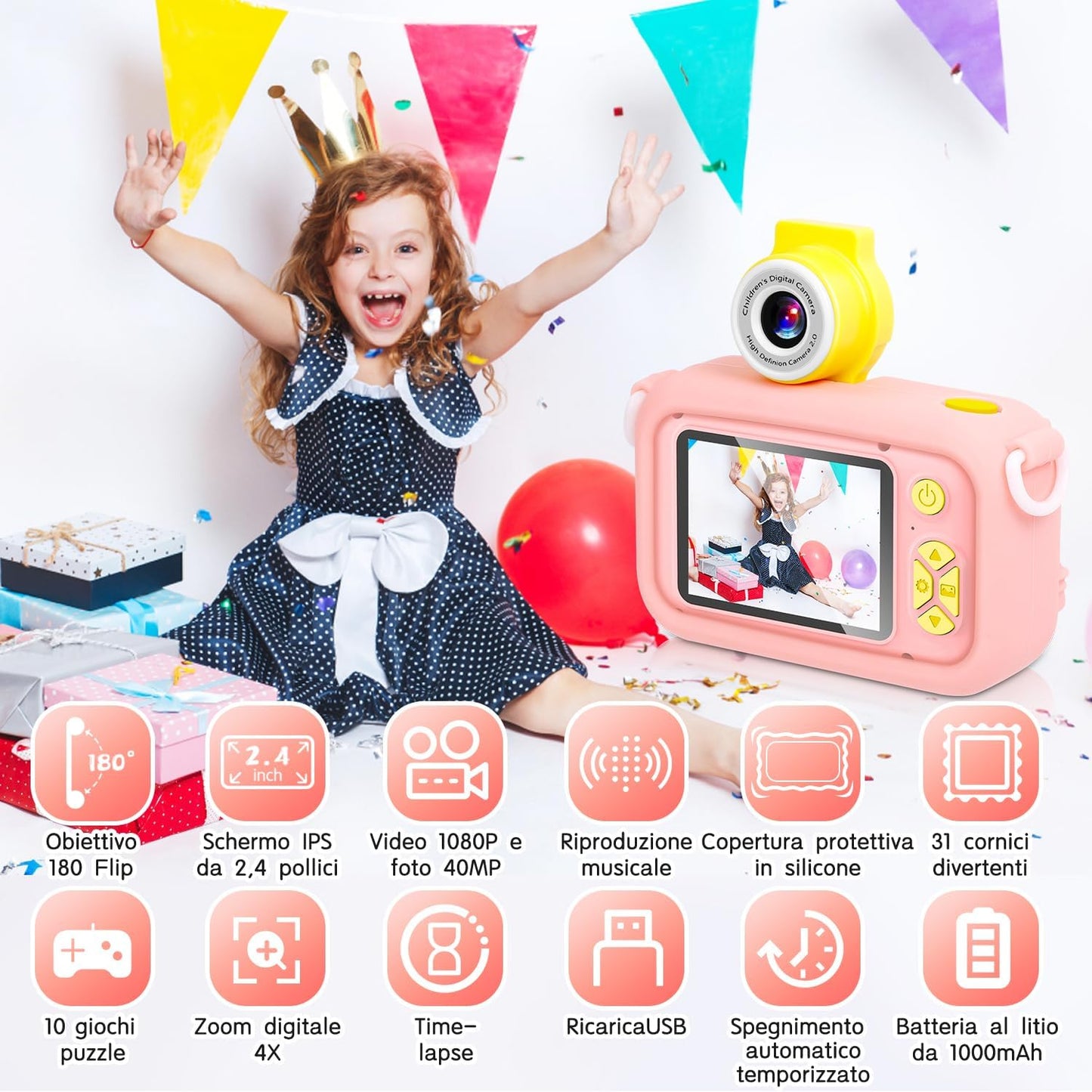 Kids Camera, Toddler Kid Digital Camera with 180°Flip Lens & 2.4in IPS Screen, Birthday Festival Gifts Present Toy for 4 5 6 7 8 9 10 11 Year Old Girls/Boys, 32 GB Card Included, X101