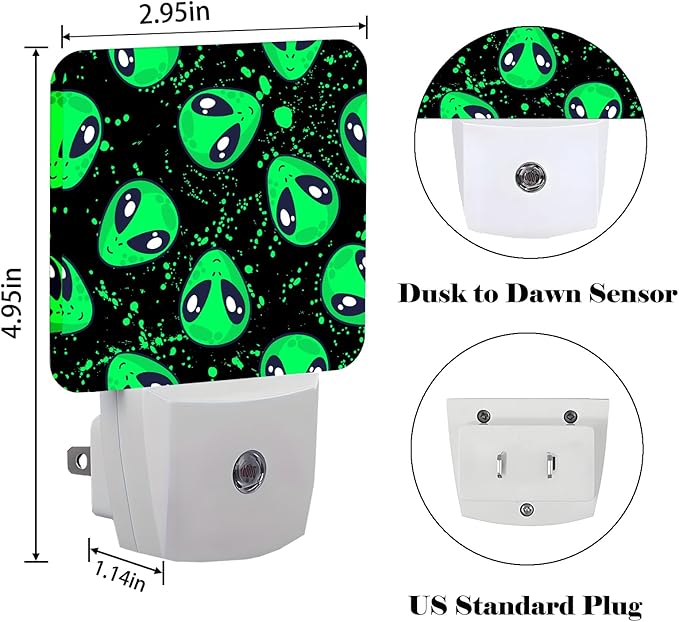 Green Alien Night Light,Plug Into Wall for Boys Girls Bedroom Decorative Square Night Light Lamp 0.5w Sleep Friendly