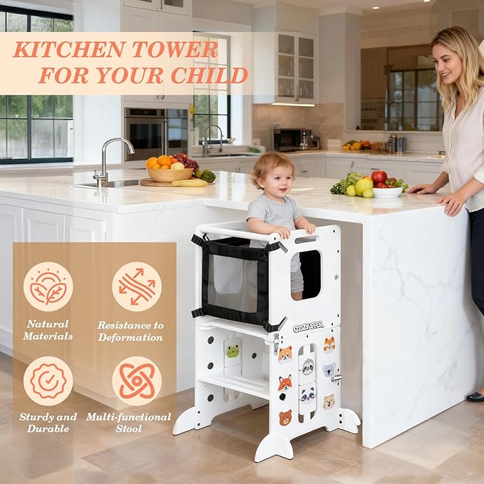 Toddler Kitchen Stool Helper, CPC Certified Foldable Toddler Tower, Learning Wooden Tower with Support Feet and Chalkboard, Anti-Drop Structure, Safe Design for Kids, White