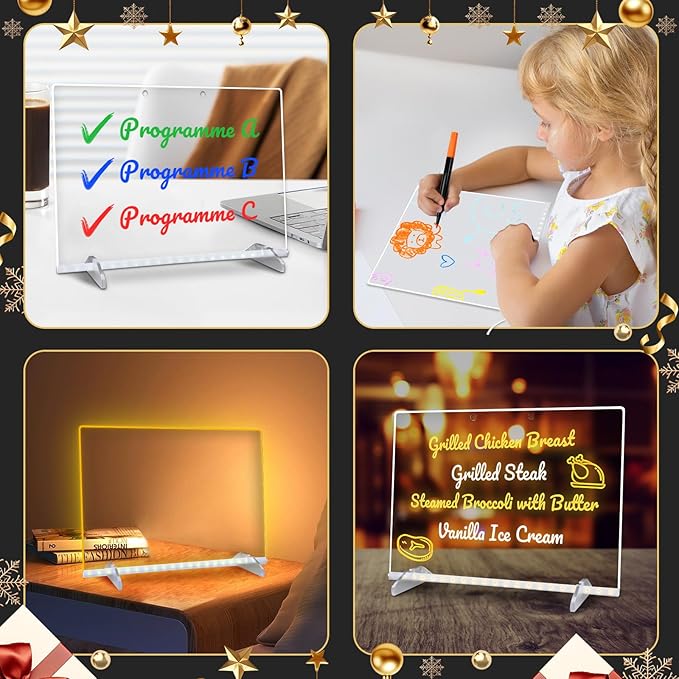 LED Note Board with Colors, 13.7"X10" 4 Modes &7 Colors Acrylic Dry Erase Boards with Light, Include Adapter, Hanging Chain, Led Drawing Board for Kids with Stand,7 Markers, Spray Bottle