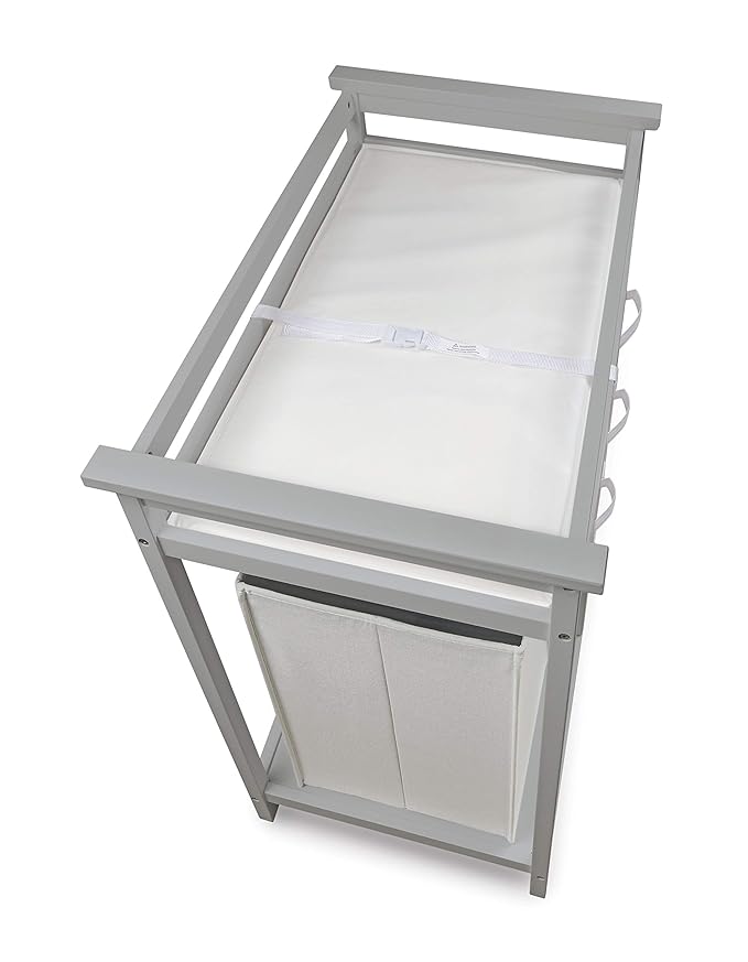 Badger Basket Modern Baby Changing Table - Nursery Furniture with Laundry Hamper and 3 Storage Drawers - Diaper Changing Station with Safety Belt, Changing Pad, and Organizer Baskets - Gray and White
