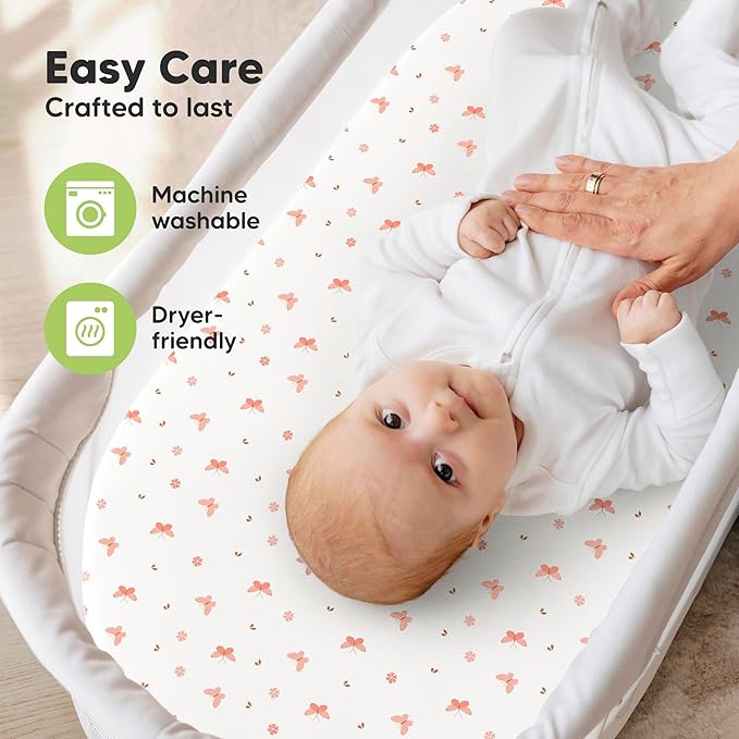 2-Pack Organic Bassinet Sheets for Girls, Boys - 100% Cotton Bassinet Mattress Sheets Compatible with Halo Bassinest Swivel Sleeper, Graco, Baby Delight, Chicco, Fitted Bassinet Sheets (Butterflies)