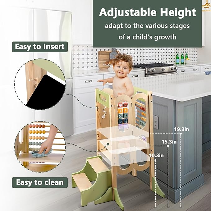 Foldable Toddler Tower with 3 Adjustable Height Step Stool, Easy Clean Toddler Kitchen Stool Helper, Montessori Learning Tower Stool for Toddlers with Chalkboard & Counting Beads