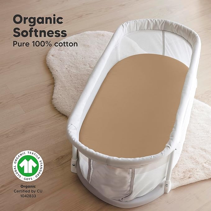 2-Pack Organic Bassinet Sheets for Girls, Boys - 100% Cotton Bassinet Mattress Sheets Compatible with Halo Bassinest Swivel Sleeper, Graco, Baby Delight, Chicco, Unisex Fitted Bassinet Sheets (Pecan)