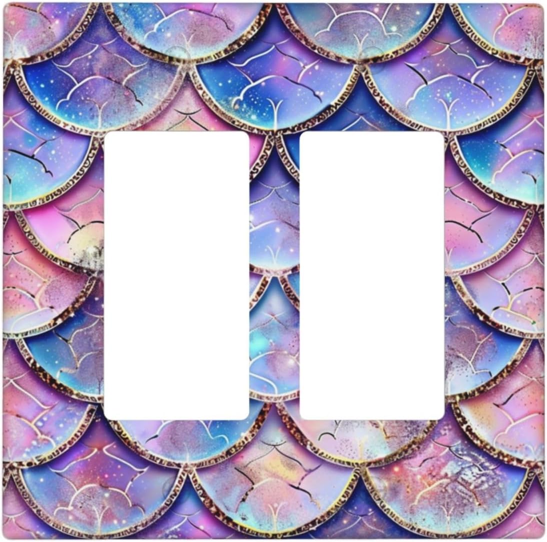 Decorative Outlet Covers Cute Pink Purple Mermaid Scales 2 Gang Wall Plate Double Rocker Two Switch Wall Cover Plate Light Switch Cover Plate Faceplate for Bedroom Home Decor