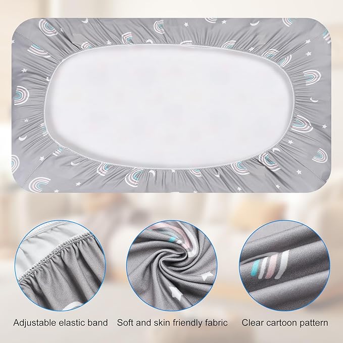 Bassinet Bed Sheet Set 2 Pcs Fits Rectangle Oval Halo Hourglass Mattress Stretch Bassinet Bed Sheet Soft and Comfortable (Deer Park) (Rainbow & Dinosaur)