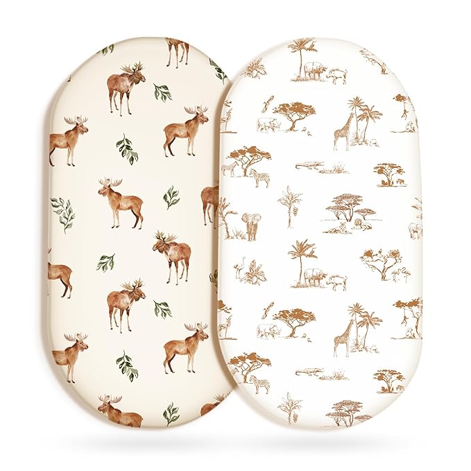 GRSSDER Ultra Soft Bassinet Sheets 2 Pack, Stretchy Breathable Knit Bassinet Mattress Sheets for Baby, Universal Fitted Baby Cradle Moses Basket Oval Rectangle Mattresses Safe and Snug, Animals Print