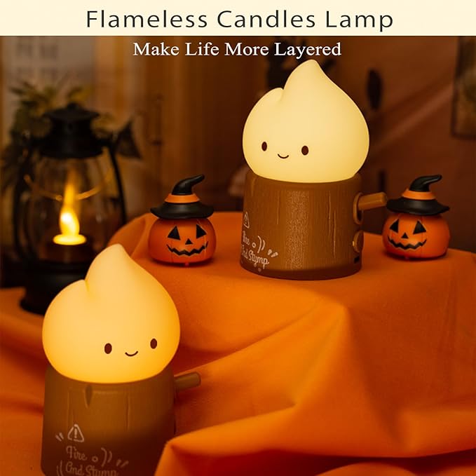 Ghost Campfire Night Light, Flamess Candle Lamp, Fire Lamp, Small Cute Night Light, 2 Modes/Rechargeable/Cordless/Dimmable Brightness, Kawaii Warm Lamps for Kids Bedroom Bedside Camping, Gift