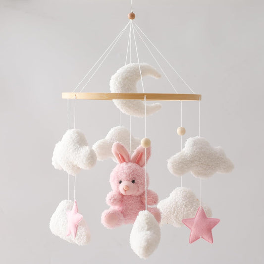 EERKEOD Baby Crib Mobile Bunny Nursery Mobile for Boys Girls Teddy Velvet Mobile Nursery Decor for Infant Bedroom Hanging Baby Mobile for Bassinet Newborn Baby Gift（Pink Bunny）