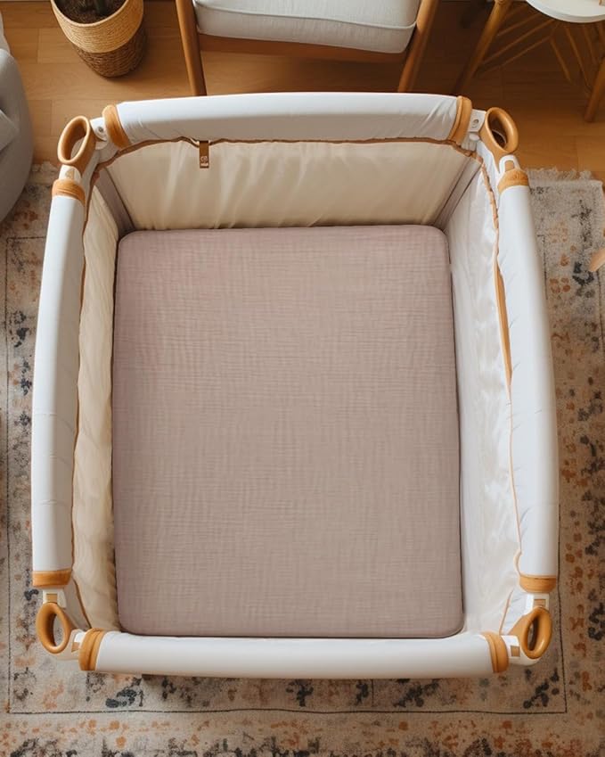 Pack and Play Sheets for Baby Boys and Girls 39"x27"x3", Neutral Muslin Cotton Pack N Play Mattresses Sheet with Boho Style, Soft and Breathable Comfort (Beige)