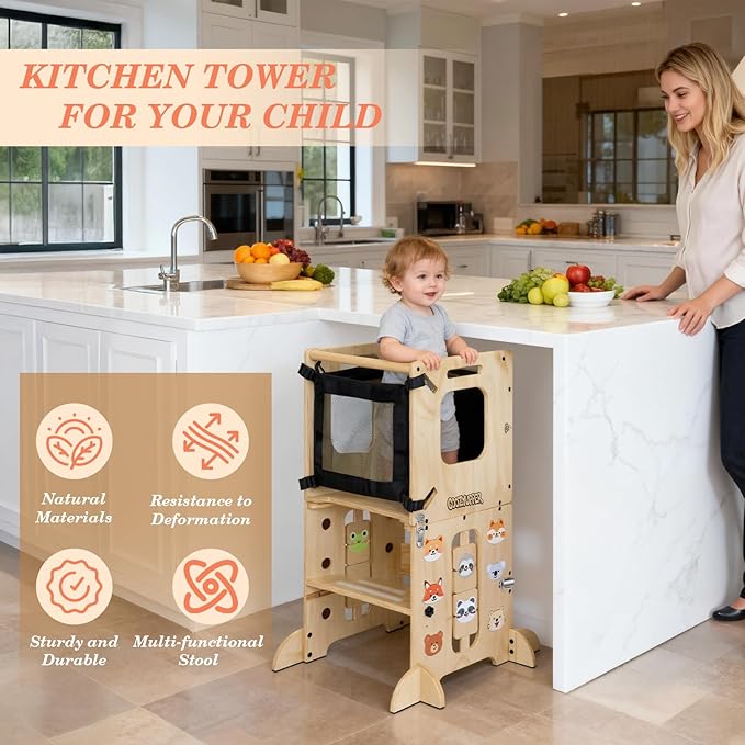 Toddler Kitchen Stool Helper, CPC Certified Foldable Toddler Tower, Learning Wooden Tower with Support Feet and Chalkboard, Anti-Drop Structure, Safe Design for Kids, Natural