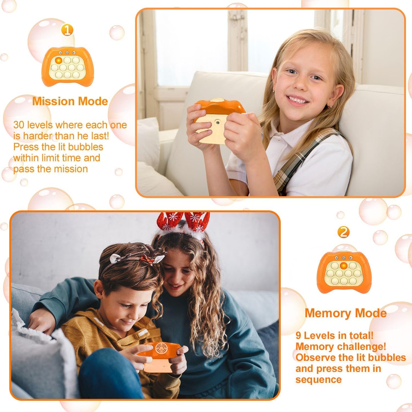 Quick Push Puzzle Game Machine Pop Fidget Light-Up Squeeze Poppet Sensory Toy Educational Push Pop Bubble Toy Stress Relief Party Favors Puzzle Game for Kids Teens Adults （Orange）