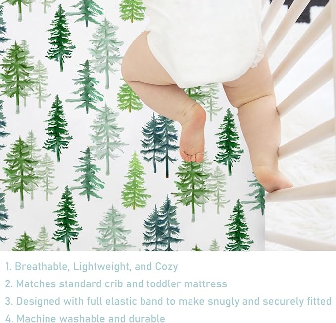 Watercolor Pine Trees Baby Crib Sheets 52''x28'' Winter Green Pines Snug Fitted Crib Mattress Cover for Boy Girl Soft Nursery Baby Bed Sheets for Standard Crib and Toddler Mattresses