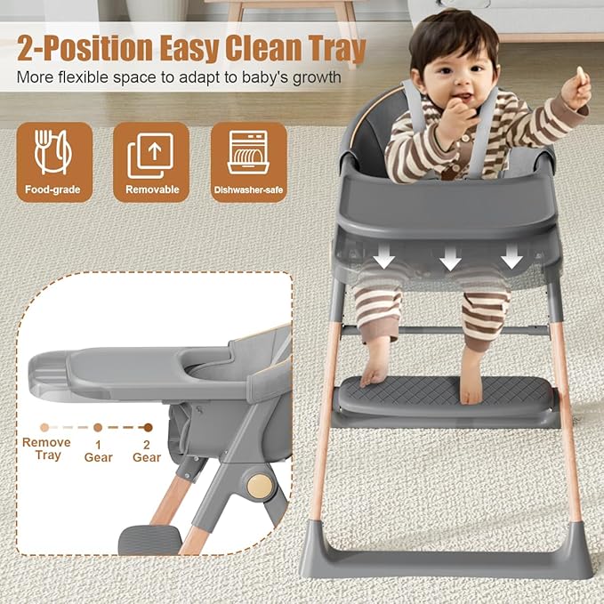 Baby High Chair, High Chairs for Babies and Toddlers, Convertible Folding High Chair with Wheels, Removable Tray 5 Point Harness Footrest Detachable PU Cushion, Portable Highchair for Baby Toddlers