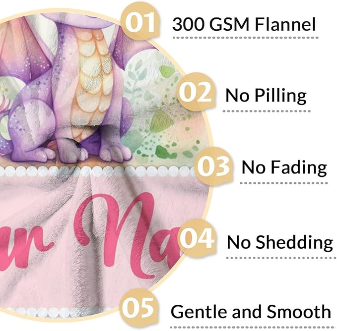 Custom Dragon Blanket Gifts with Name - 50x60 Inches Cute Throw Blanket for Babies, Kids, Boys & Girls - Pink Soft Fuzzy Blankets for Couch, Sofa & Bed