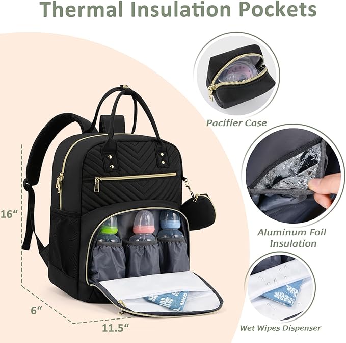 Diaper Bag Backpack,Baby Essentials Diapers Bag with Pacifier Case,Multipurpose Stylish Large Capacity Travel Backpack for Baby Girl/Boy(M-Black)