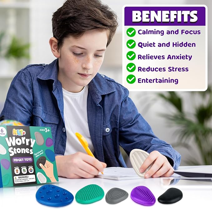 Fidget Toys Adults Sensory Stone: 6 Pack Textured Worry Stone for Autism Kids Calming Down - Fidget Stress Toys for Anxiety Relief - Small Students Prizes Fidget Toys