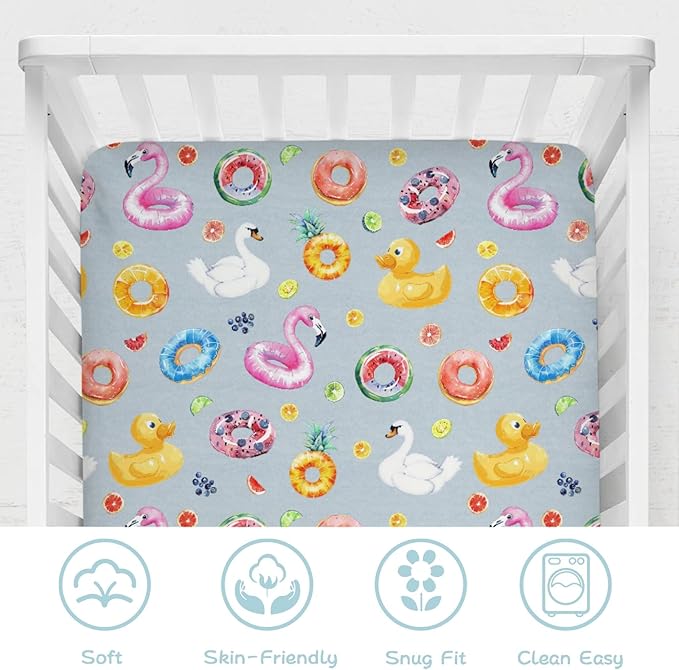 Summer Pool Floats Baby Crib Sheet 52''x28'' Tropical Flamingo Duck Watermelon Pineapple Stretchy Fitted Crib Mattress Cover for Boy Girl Soft Baby Bed Sheet for Standard Crib and Toddler Mattress